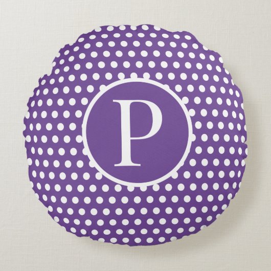 Modern Custom initiaal letter Polka Dot Paarse Rond Kussen (Voorkant)