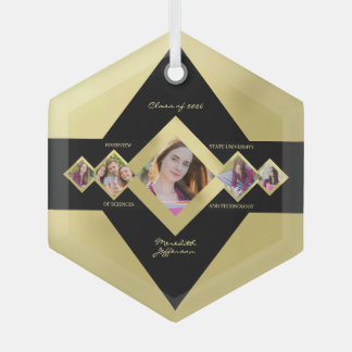 Modern Custom Multi‑Photo Gold Black Graduation Glas Ornament