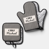 Modern Custom Personalized Chef Black Striped  Ovenwant & Pannenlap Set (Voorkant / Achterkant)