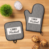 Modern Custom Personalized Chef Black Striped  Ovenwant & Pannenlap Set (Top down)