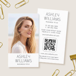 Modern Custom Photo Color QR Code Elegant White Visitekaartje