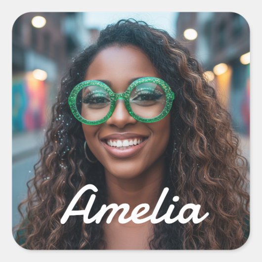 Modern Custom Photo Name Retro Typography Vierkante Sticker (Voorkant)
