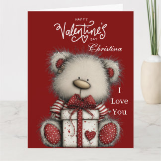 Modern Cute Bear Happy Valentines Day Custom Name  Kaart