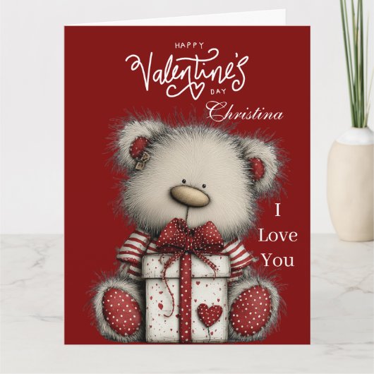 Modern Cute Bear Happy Valentines Day Custom Name  Kaart (Voorkant)