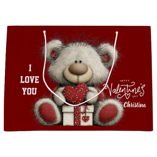 Modern Cute Bear Happy Valentines Day Name Groot Cadeauzakje (Voorkant)