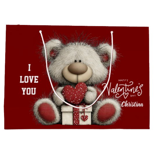Modern Cute Bear Happy Valentines Day Name  Groot Cadeauzakje (Achterkant)
