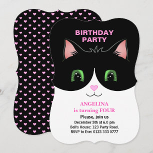 Modern Cute Black White Tuxedo Cat Invitation Kaart