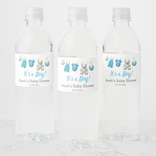 Modern Cute Blue Boy Baby shower Waterfles Etiket (Flessen)
