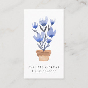 Modern Cute Blue Potted Flower Florist Designer Visitekaartje