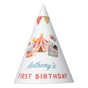 Modern Cute Circus Carnival Fiesta First Birthday Feesthoedjes
