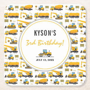 Modern Cute Construction Trucks Boy Birthday Vierkante Kartonnen Onderzetter