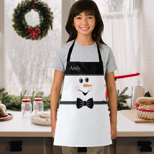 Modern Cute Custom Snowman face Black Bow Stropdas Schort