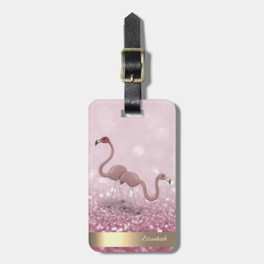 Modern Cute Flamingos Glitter Bokeh - Gepersonalis Bagagelabel (Voorkant verticaal)