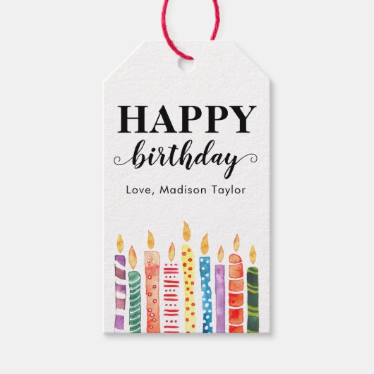 Modern Cute Happy Birthday Name Waterverf Candles Cadeaulabel (Voorkant)