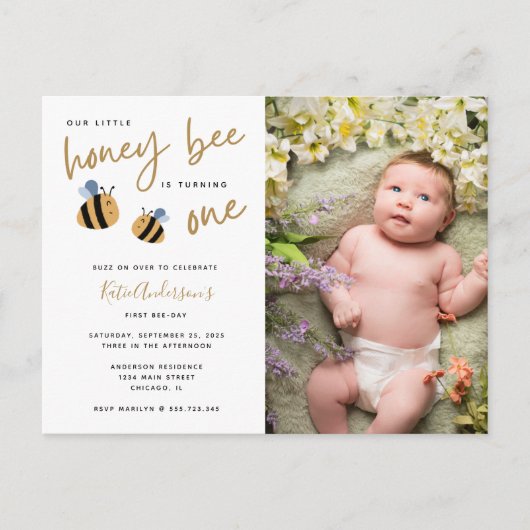 Modern Cute Honey Bee First Birthday Invitation Uitnodiging Briefkaart (Voorkant)