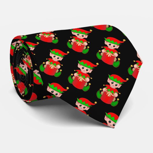 Modern Cute Kerstmis Elf Pattern on Black Stropdas (Opgerold)
