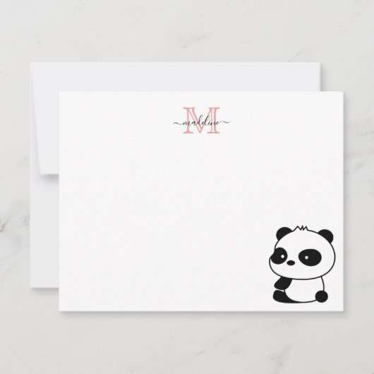 Modern Cute Panda Blush Pink Monogram Script Notitiekaartje (Voorkant)