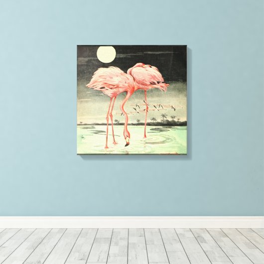 Modern Cute  Pink Bird Flamingo and Moon Canvas Afdruk (Insitu (Houten vloer))