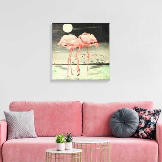 Modern Cute  Pink Bird Flamingo and Moon Canvas Afdruk (Insitu (Woonkamer))
