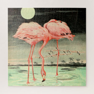 Modern Cute Pink Bird Flamingo and Moon Legpuzzel