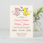 Modern Cute Romantic Fox Couple Wedding Invitation Kaart (Staand voorkant)