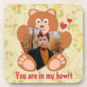 Modern Cute Yellow Teddy Bear Heart Photo Lijst Bier Onderzetter