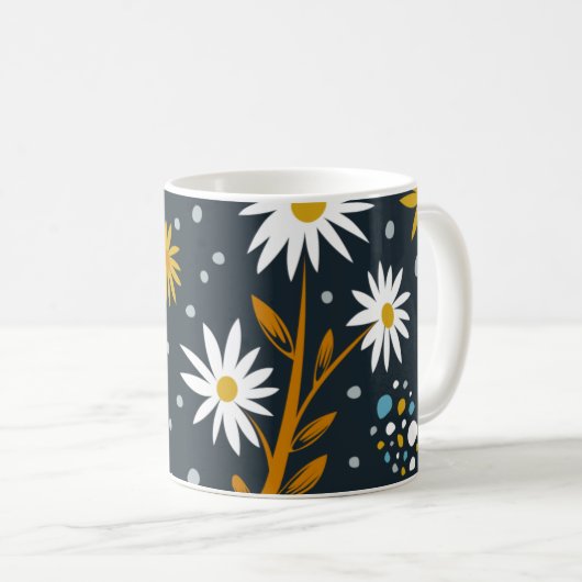 Modern Daisies Pattern on Dark Blue Koffiemok (Voorkant rechts)