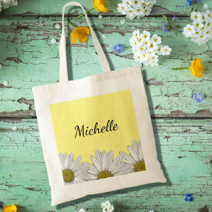Modern Daisies Rustic Floral Yellow Black Tote Bag