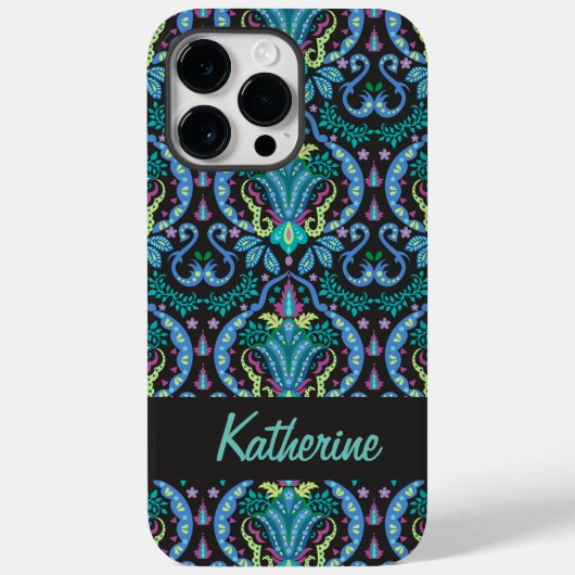 Modern Damask Art Deco Black Turquoise Blue Name Case-Mate iPhone Case (Achterkant)