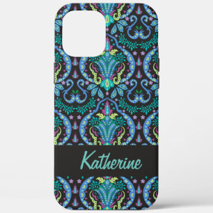 Modern Damask Art Deco Black Turquoise Blue Name iPhone 12 Pro Max Hoesje