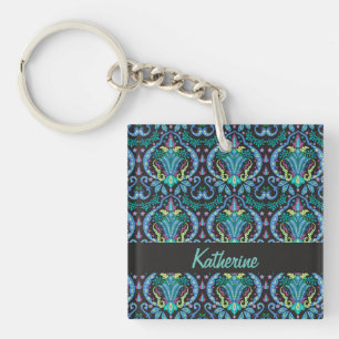 Modern Damask Art Deco Black Turquoise Blue Name Sleutelhanger