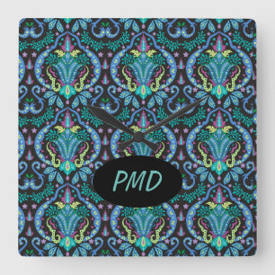 Modern Damask Art Deco Black Turquoise Blue Name Vierkante Klok