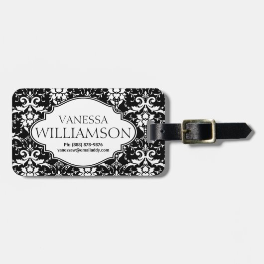 Modern Damask Floral Pattern Personalized Bagagelabel (Voorkant horizontaal)