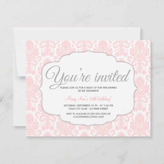 Modern Damask Pink Party Kaart (Voorkant)