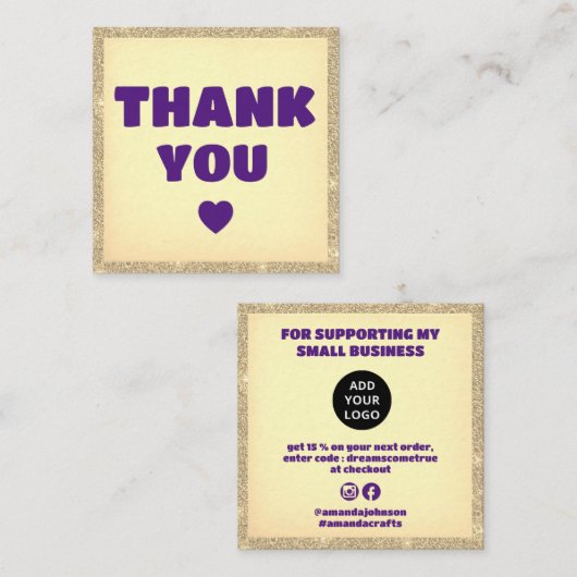 Modern dank u om gouden glitter Paarse te bestelle Vierkante Visitekaartje (Voorkant / Achterkant)