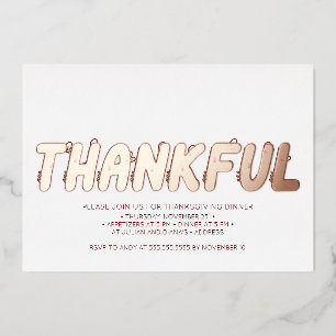 Modern Dankbaar Roos Goud Rood Thanksgiving Diner Folie Uitnodiging