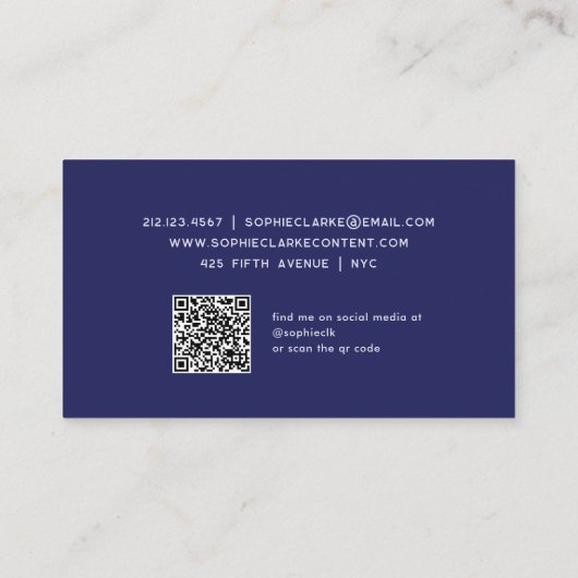 Modern Dark Blue | Elegant script met QR-code Visitekaartje (Achterkant)