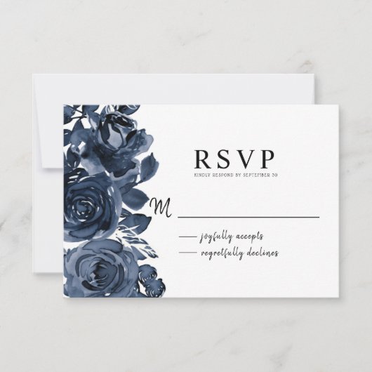 Modern Dark Blue Ink Floral Bouquet RSVP (Voorkant)