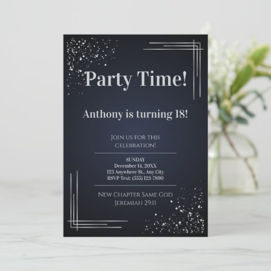 Modern Dark Blue & Silver 18th Birthday Invitation (Debout devant)