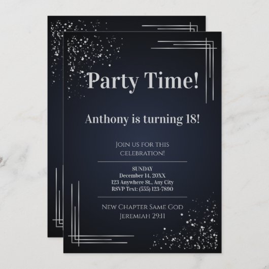Modern Dark Blue & Silver 18th Birthday Invitation (Devant / Derrière)