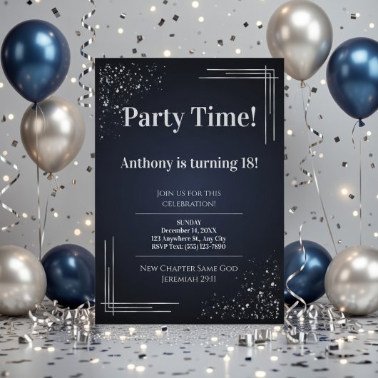 Modern Dark Blue & Silver 18th Birthday Invitation