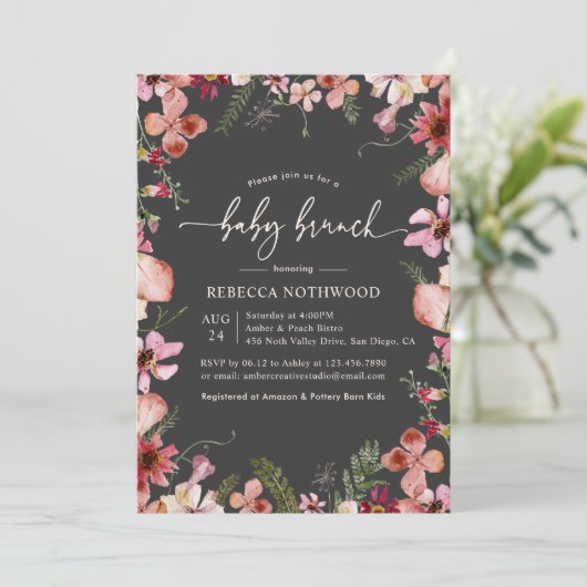 Modern Dark Boho Florals Greenery Baby Brunch Kaart (Staand voorkant)