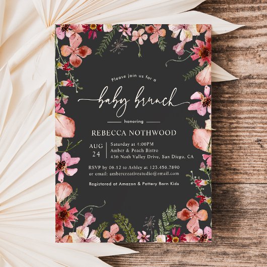 Modern Dark Boho Florals Greenery Baby Brunch Kaart