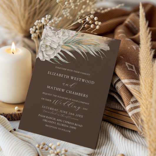 Modern Dark Brown Floral & Palm Wedding Kaart