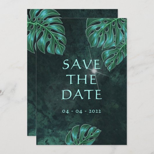 Modern Dark Emerald Tropical Foliage Save the Date (Voorkant / Achterkant)