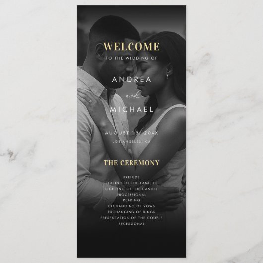 Modern Dark Faded Photo Gold & Black Wedding Programma (Voorkant)