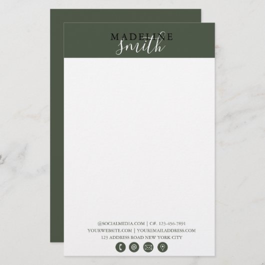 Modern Dark Green Script Briefpapier (Voorkant / Achterkant)
