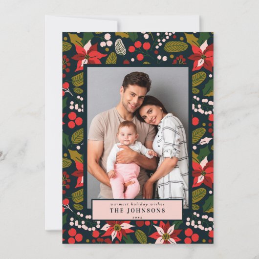 Modern Dark Moody Blue Poinsettia Feestdagenkaart (Voorkant)