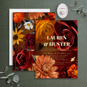 Modern Dark Moody Sunset Floral Wedding Gold Folie Uitnodiging