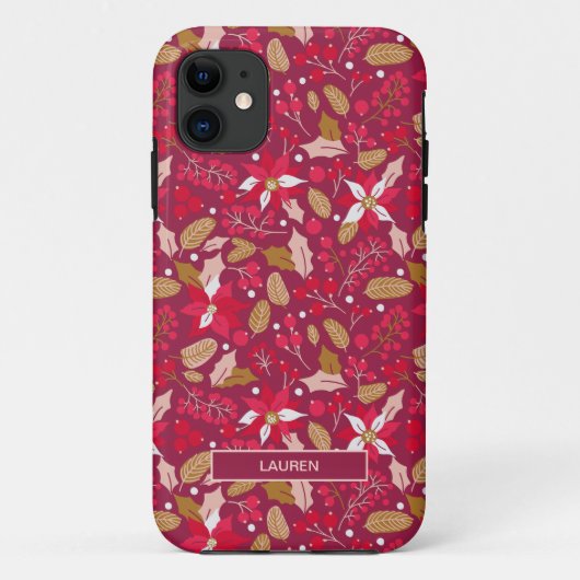 Modern Dark Pink Red Poinsettia Folk Name Pattern Case-Mate iPhone Case (Achterkant)